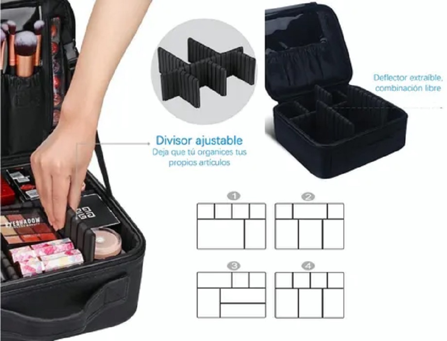 Maletín De Maquillaje Cosmetiquera Con Divisor Ajustable Negro