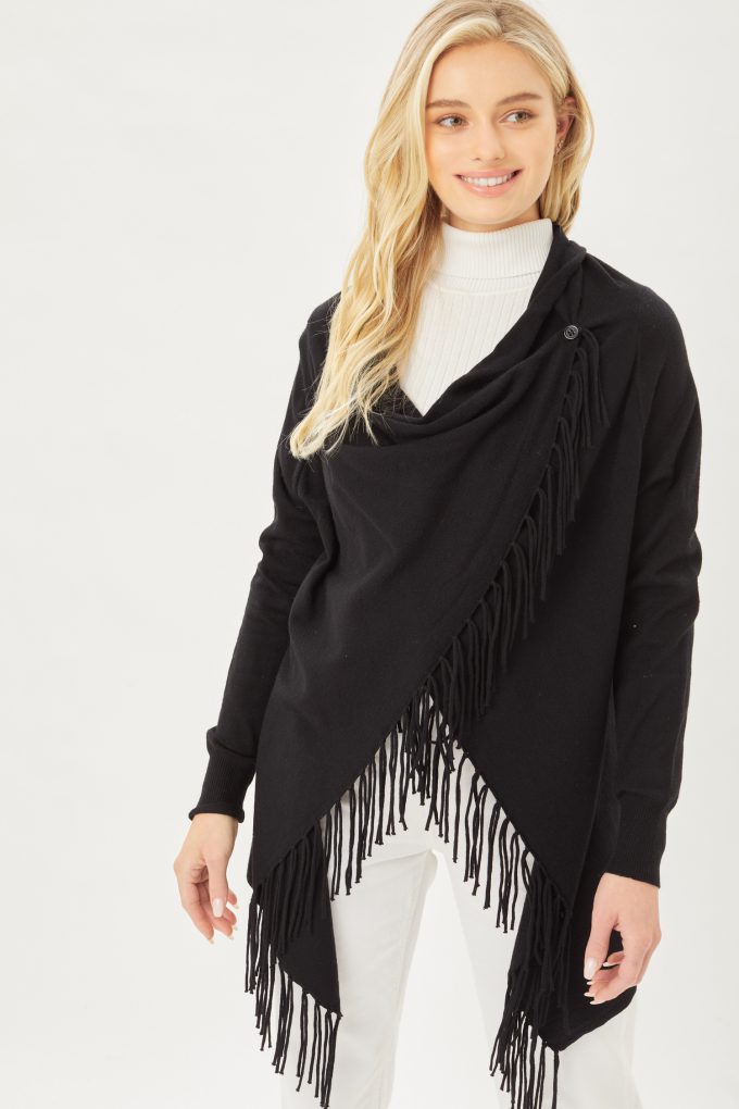 Cardigan Sueter Ligero Con Flecos Cruzado Love Tree Talla Mediana color Negro