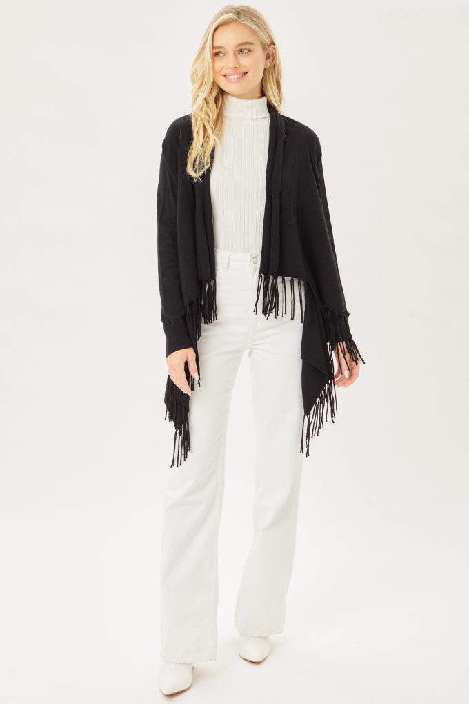 Cardigan Sueter Ligero Con Flecos Cruzado Love Tree Talla Mediana color Negro