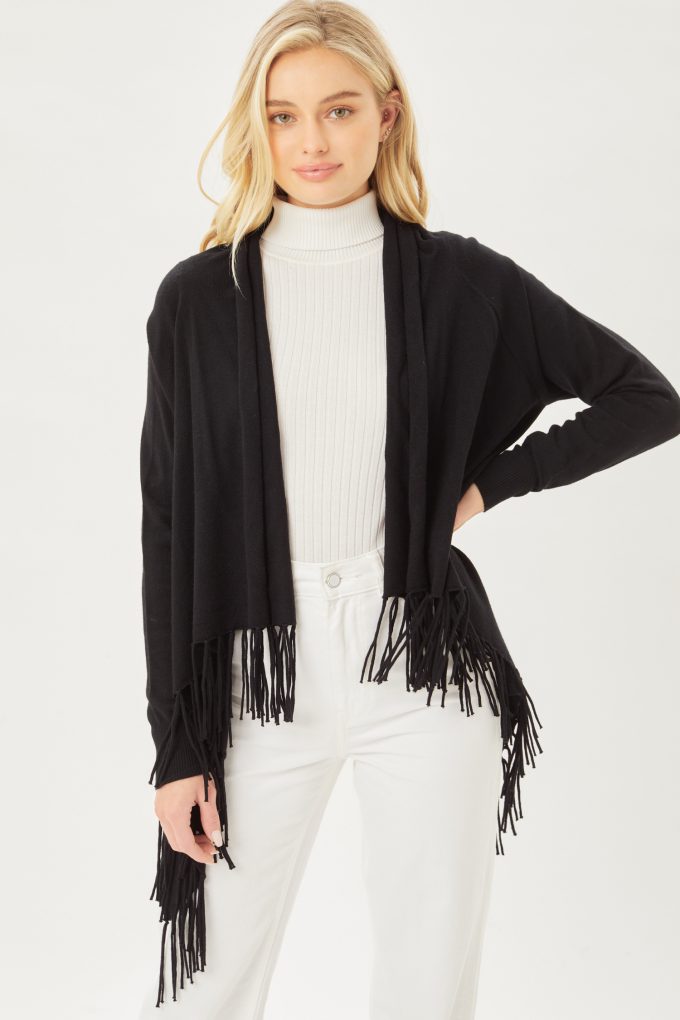 Cardigan Sueter Ligero Con Flecos Cruzado Love Tree Talla Mediana color Negro