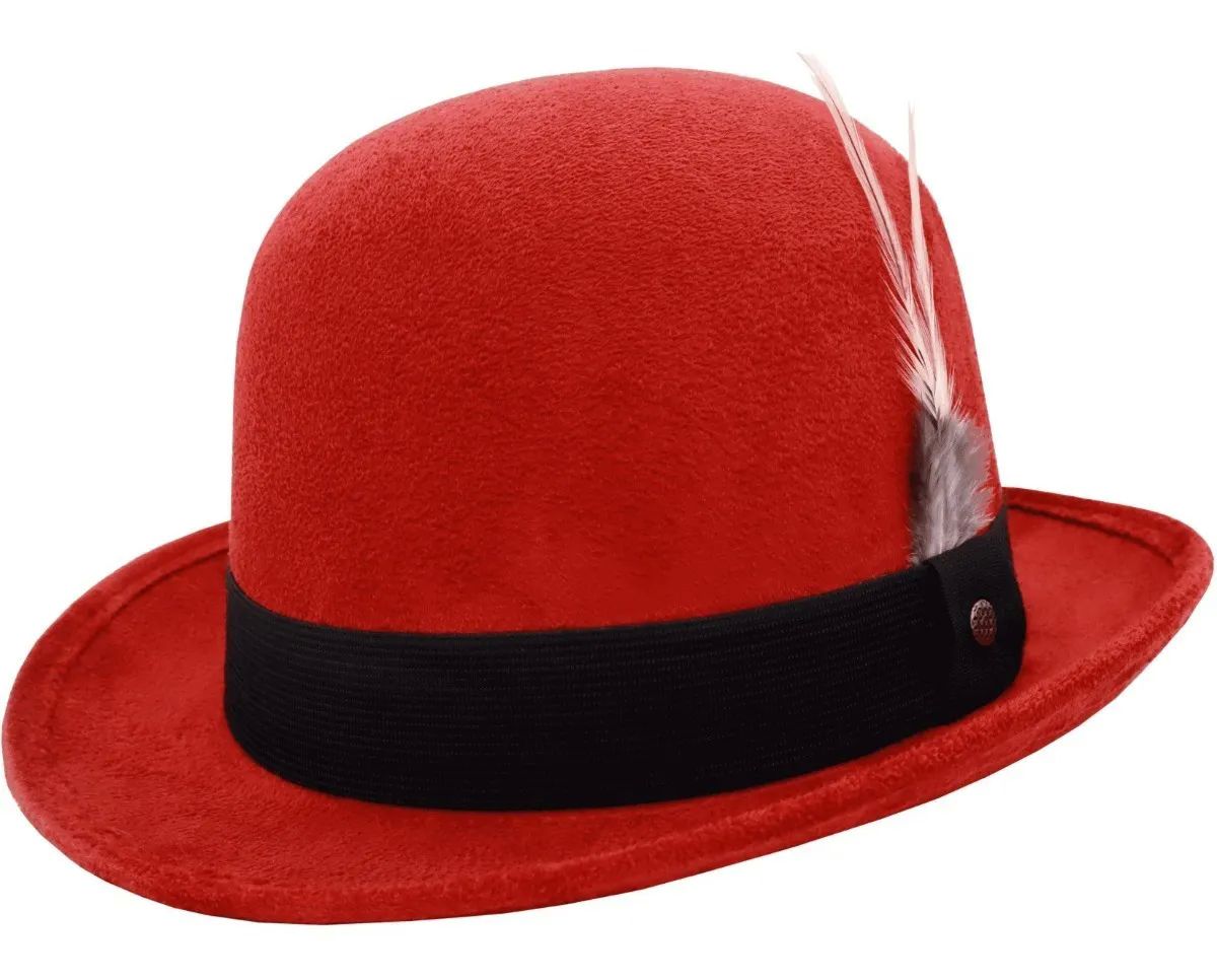 Sombrero Unisex Bombín Gamuza Retro Hípster Elegante Vintage Resorte Pluma Rojo