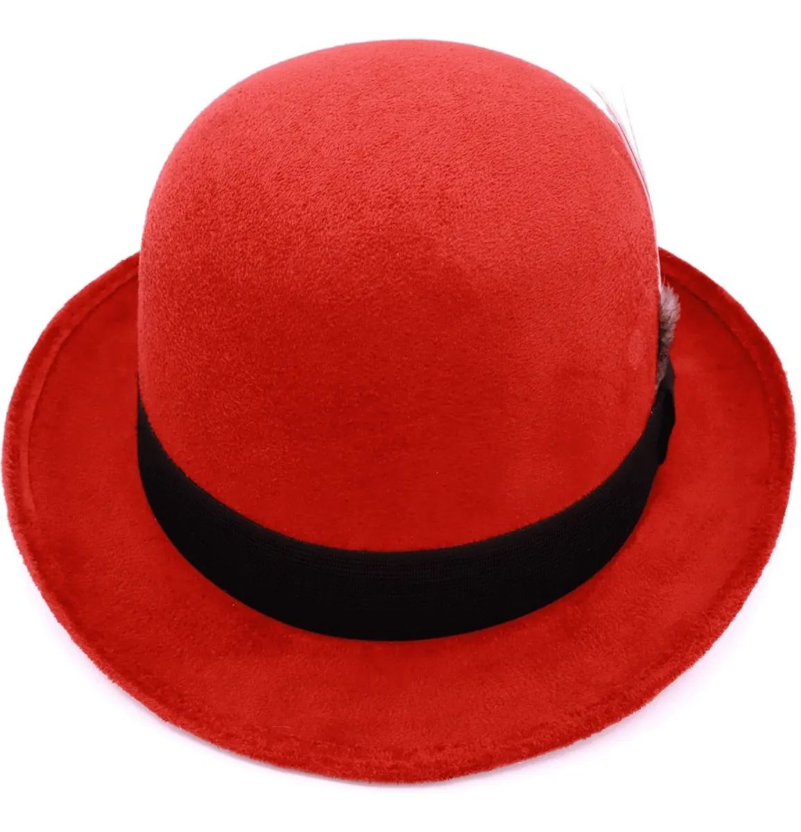 Sombrero Unisex Bombín Gamuza Retro Hípster Elegante Vintage Resorte Pluma Rojo