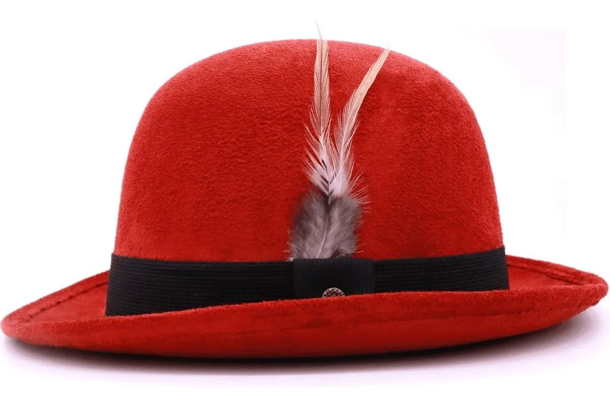 Sombrero Unisex Bombín Gamuza Retro Hípster Elegante Vintage Resorte Pluma Rojo
