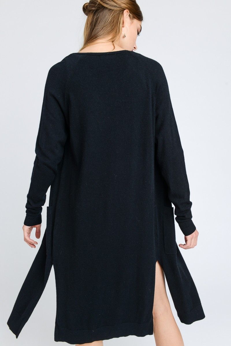 Love Tree Talla Mediana/M Cardigan Ligero Liso Largo Abertura Lateral Sueter color Negro