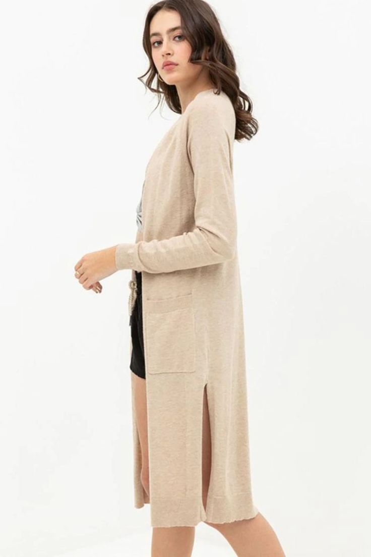 Love Tree Talla Chica/S Cardigan Ligero Liso Largo Abertura Lateral Sueter color Avena