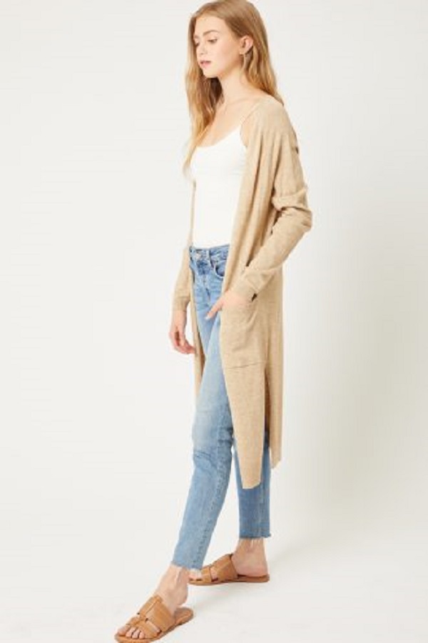 Love Tree Talla Chica/S Cardigan Ligero Liso Largo Abertura Lateral Sueter color Avena