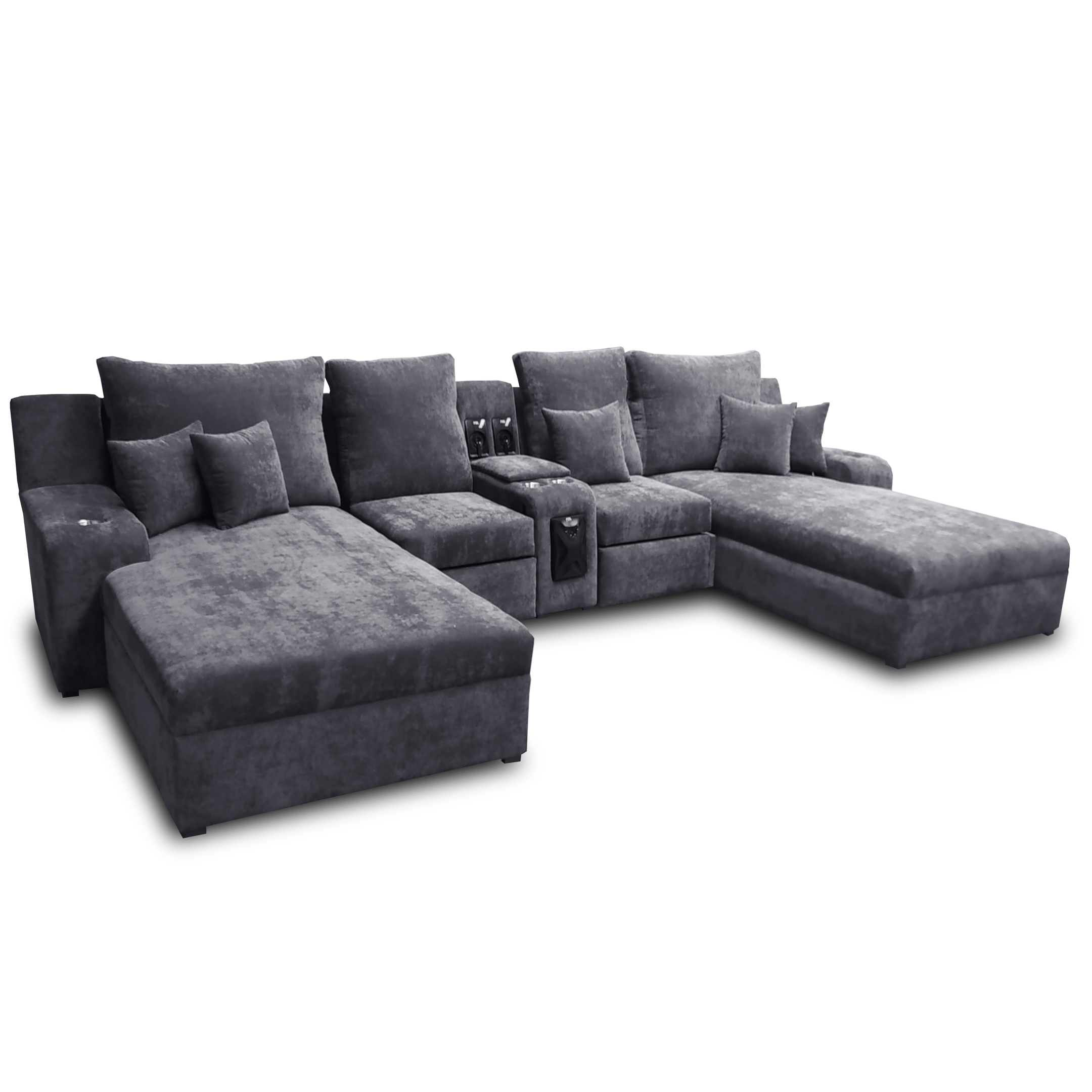 Sala Zeus Extra Grande Maderian Tela Velvet Gris Oxford / Audio Bluetooth/ 02 Chaises Extra Longue / 02 reclinables c/botanero // ENTREGA EN CDMX Y ZONA METROPOLITANA.