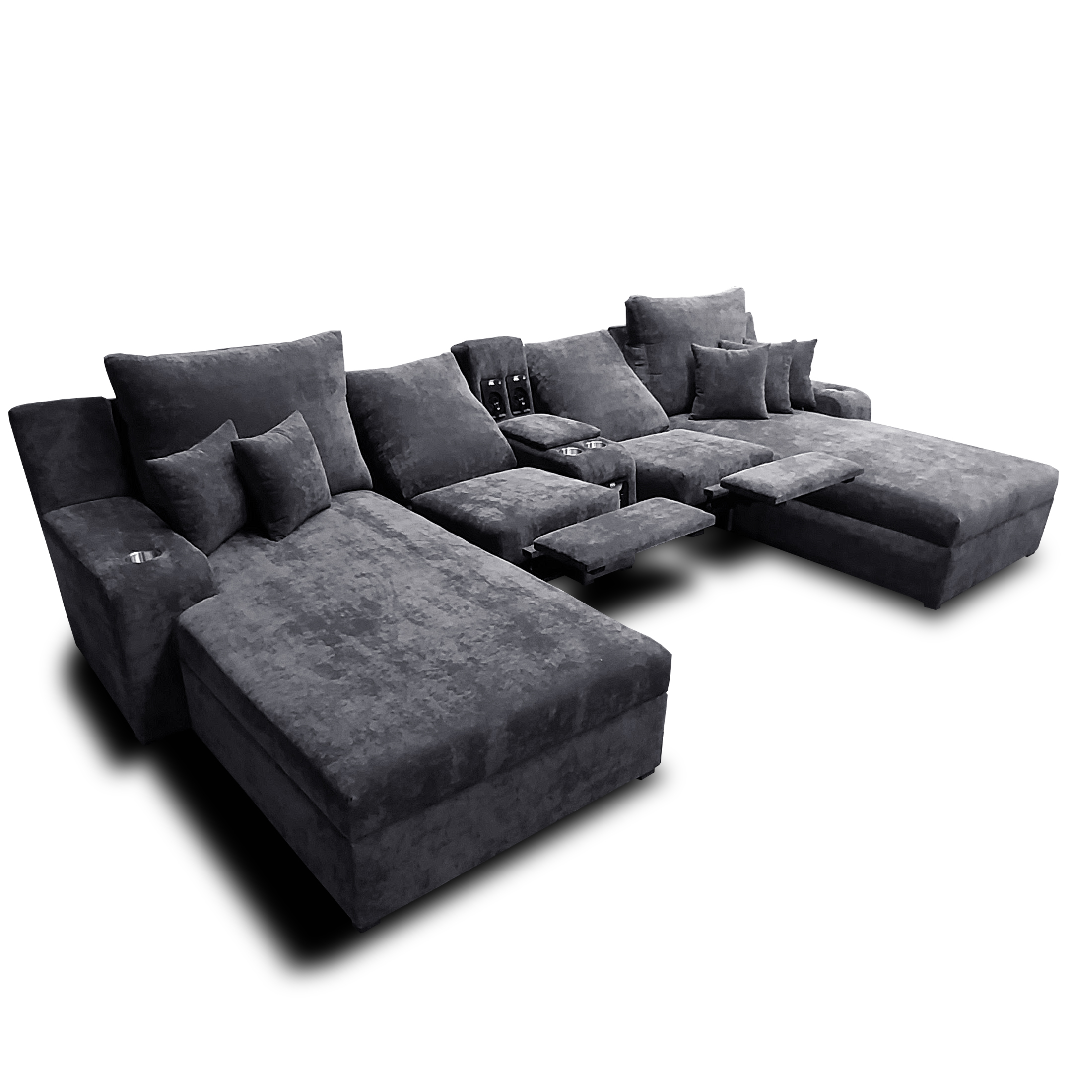 Sala Zeus Extra Grande Maderian Tela Velvet Gris Oxford / Audio Bluetooth/ 02 Chaises Extra Longue / 02 reclinables c/botanero // ENTREGA EN CDMX Y ZONA METROPOLITANA.