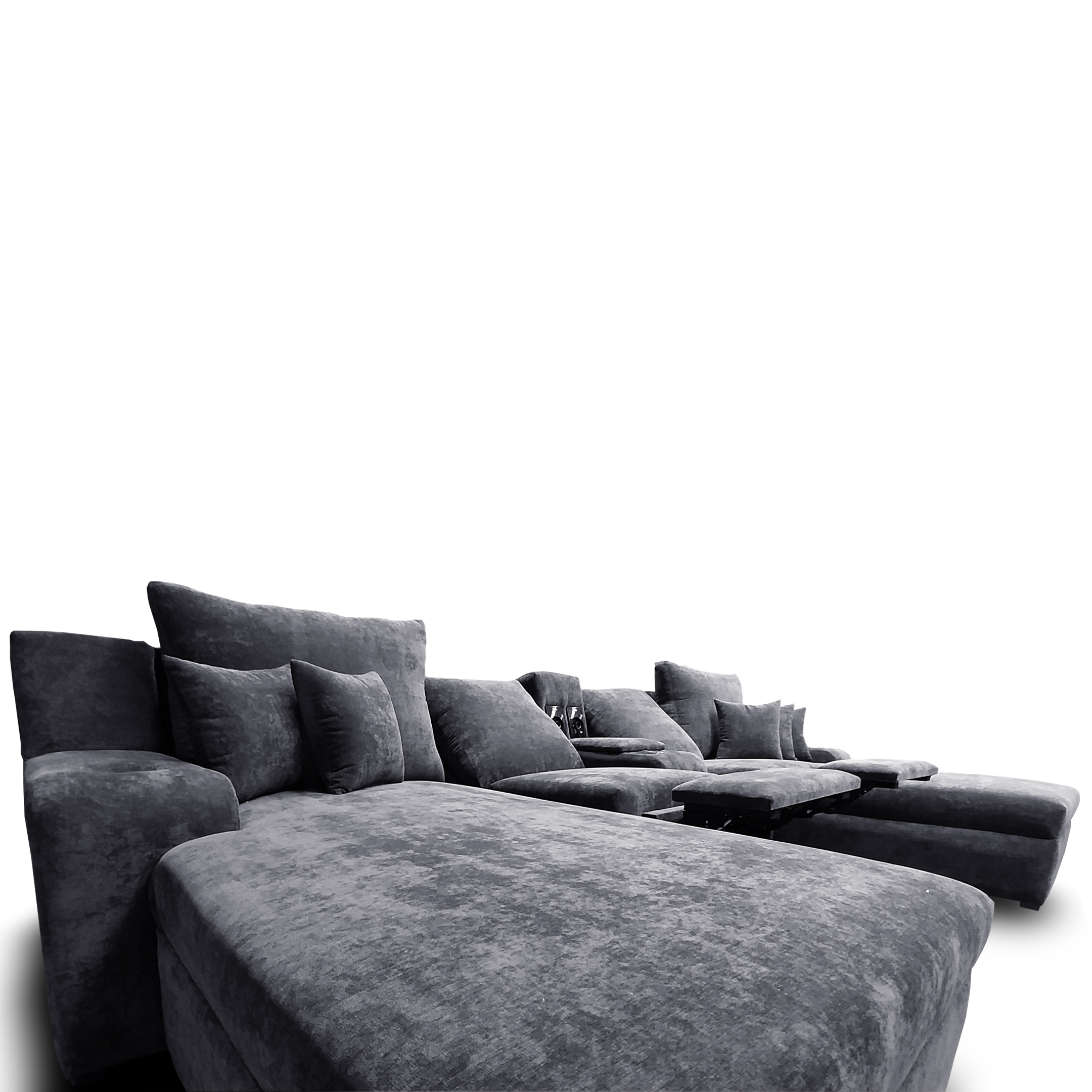 Sala Zeus Extra Grande Maderian Tela Velvet Gris Oxford / Audio Bluetooth/ 02 Chaises Extra Longue / 02 reclinables c/botanero // ENTREGA EN CDMX Y ZONA METROPOLITANA.