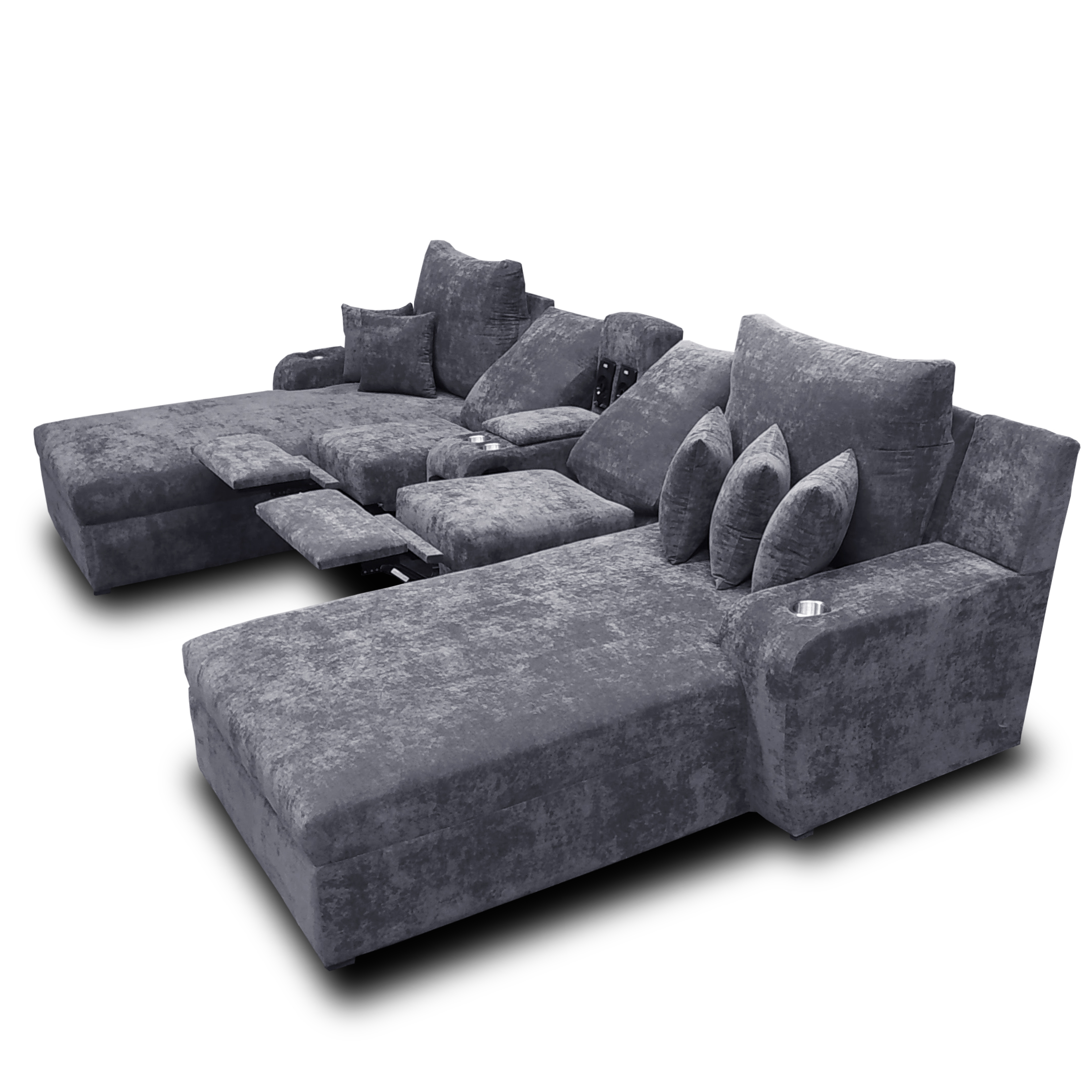 Sala Zeus Extra Grande Maderian Tela Velvet Gris Oxford / Audio Bluetooth/ 02 Chaises Extra Longue / 02 reclinables c/botanero // ENTREGA EN CDMX Y ZONA METROPOLITANA.