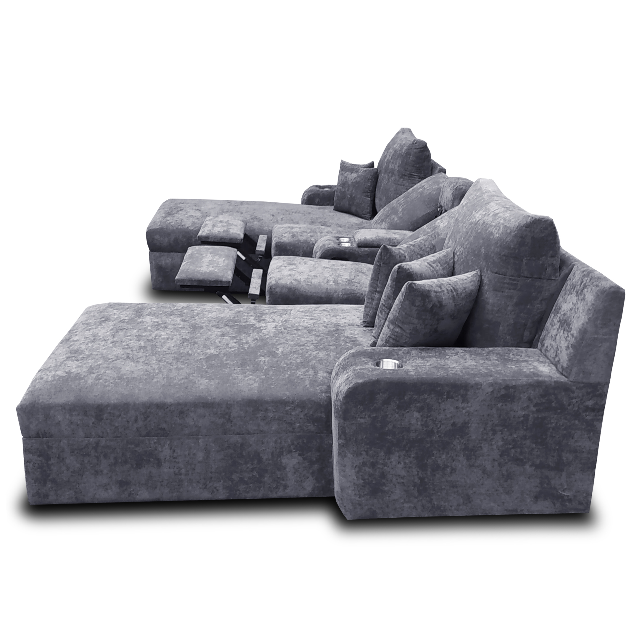 Sala Zeus Extra Grande Maderian Tela Velvet Gris Oxford / Audio Bluetooth/ 02 Chaises Extra Longue / 02 reclinables c/botanero // ENTREGA EN CDMX Y ZONA METROPOLITANA.