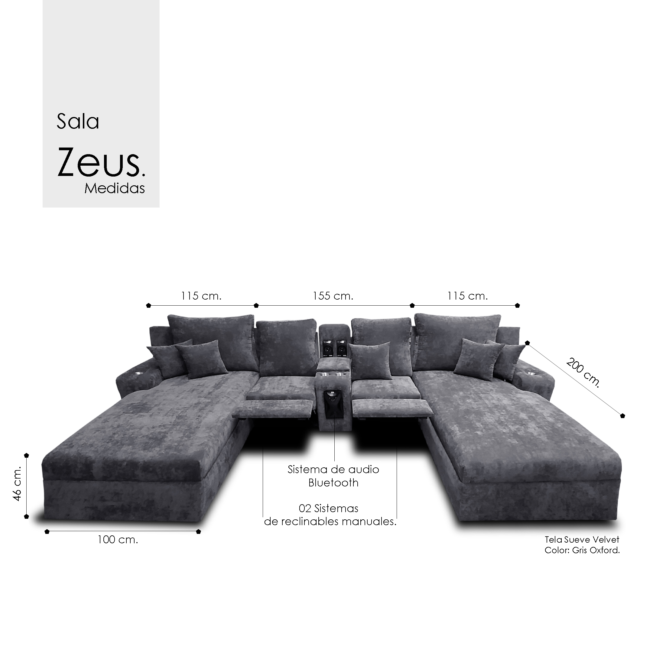 Sala Zeus Extra Grande Maderian Tela Velvet Gris Oxford / Audio Bluetooth/ 02 Chaises Extra Longue / 02 reclinables c/botanero // ENTREGA EN CDMX Y ZONA METROPOLITANA.