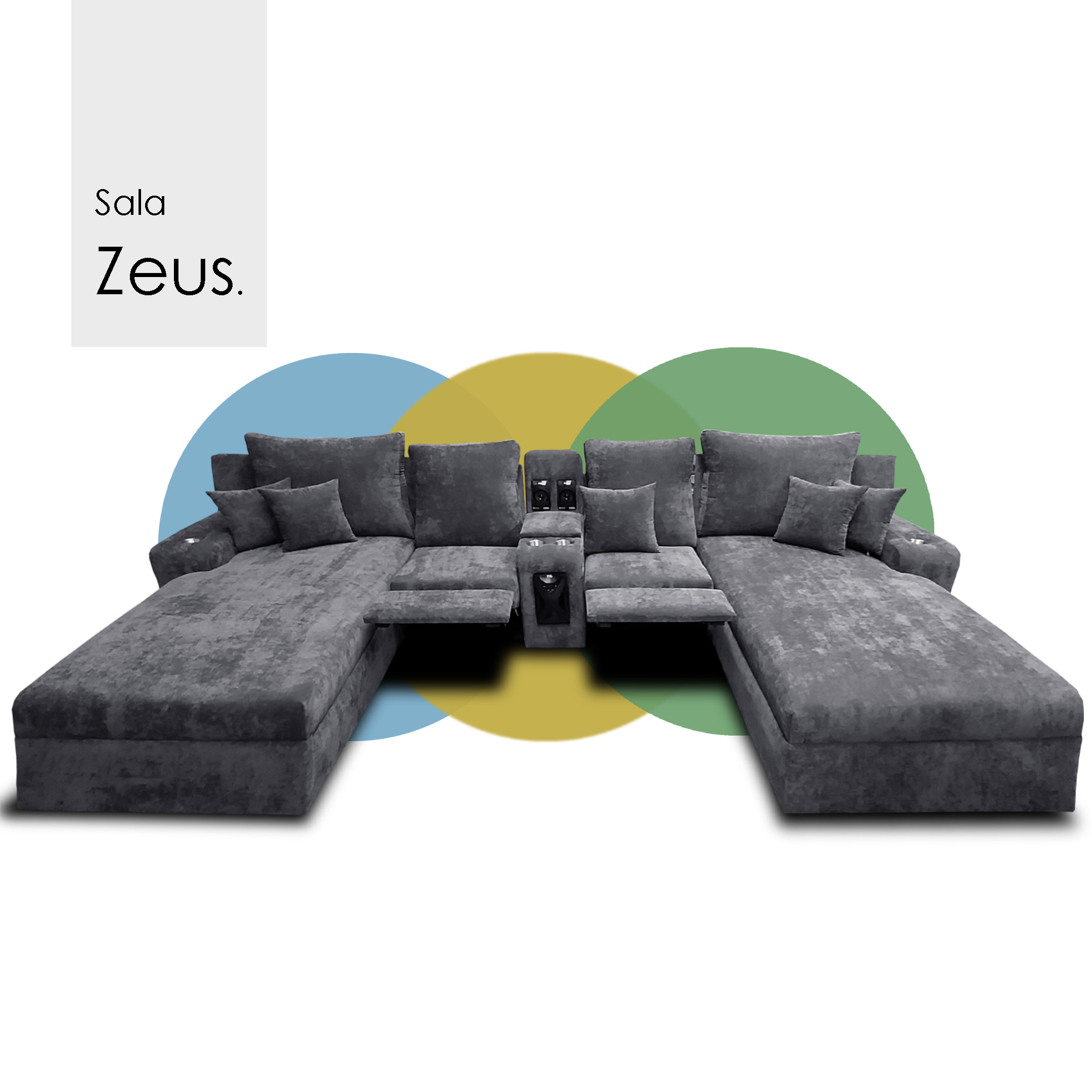 Sala Zeus Extra Grande Maderian Tela Velvet Gris Oxford / Audio Bluetooth/ 02 Chaises Extra Longue / 02 reclinables c/botanero // ENTREGA EN CDMX Y ZONA METROPOLITANA.