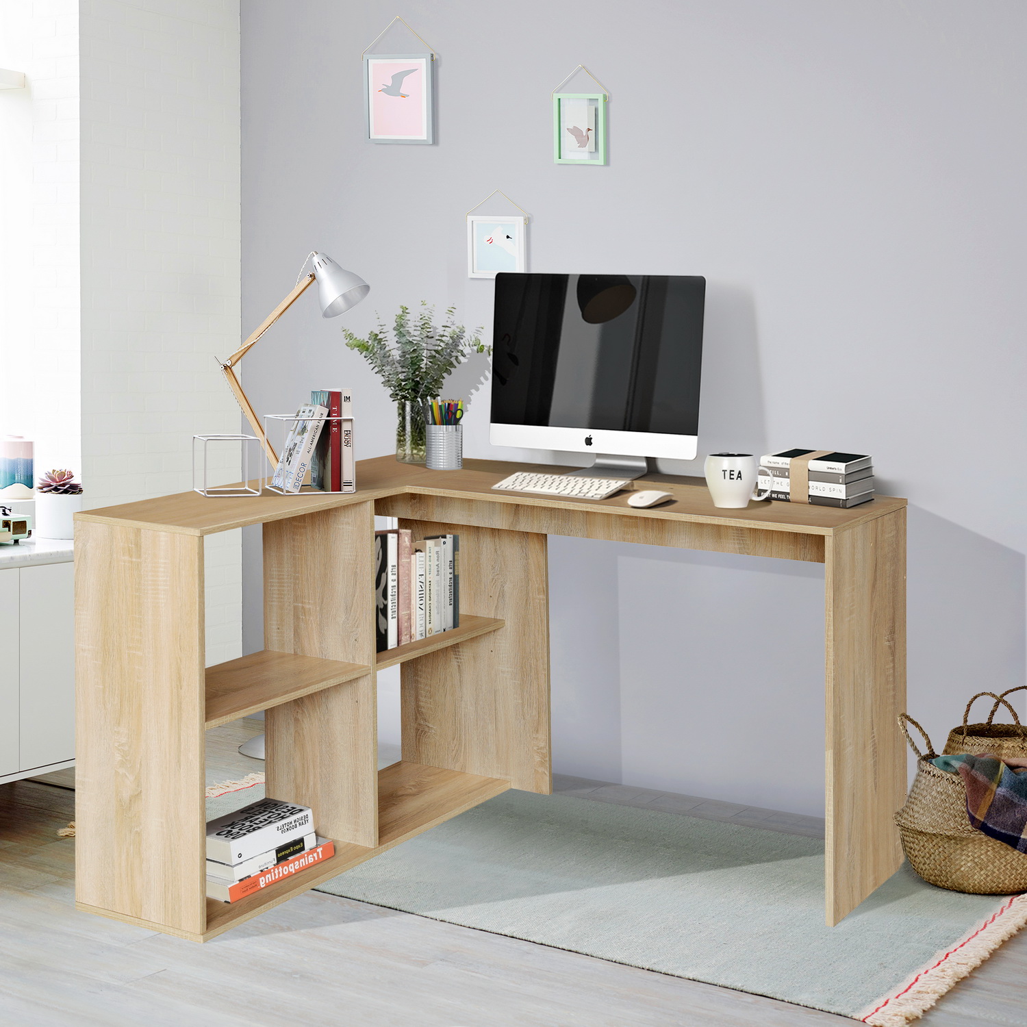 FurnitureR Escritorio de esquina en forma de L con almacenamiento para espacio de oficina en casa MCCOY A 