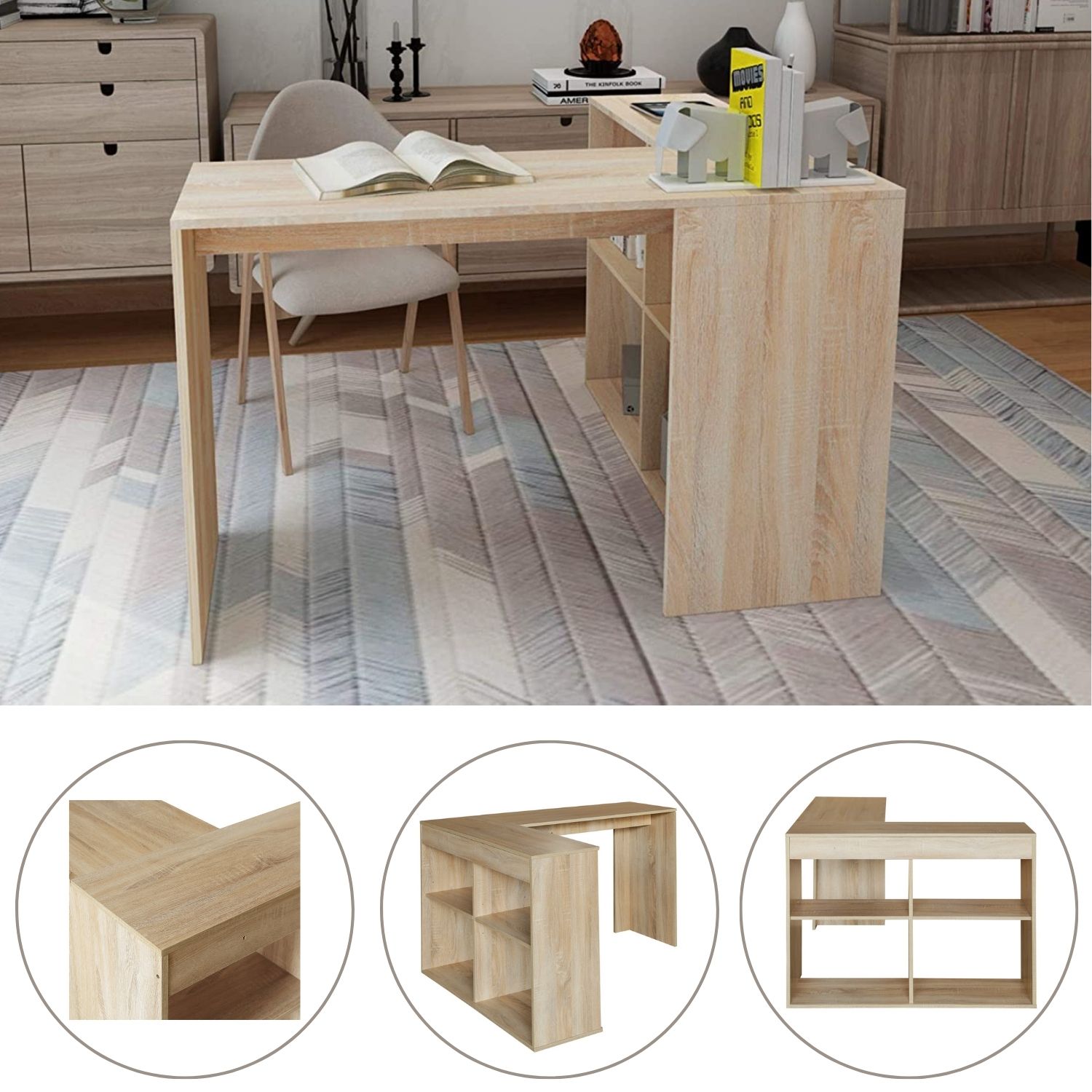FurnitureR Escritorio de esquina en forma de L con almacenamiento para espacio de oficina en casa MCCOY A 