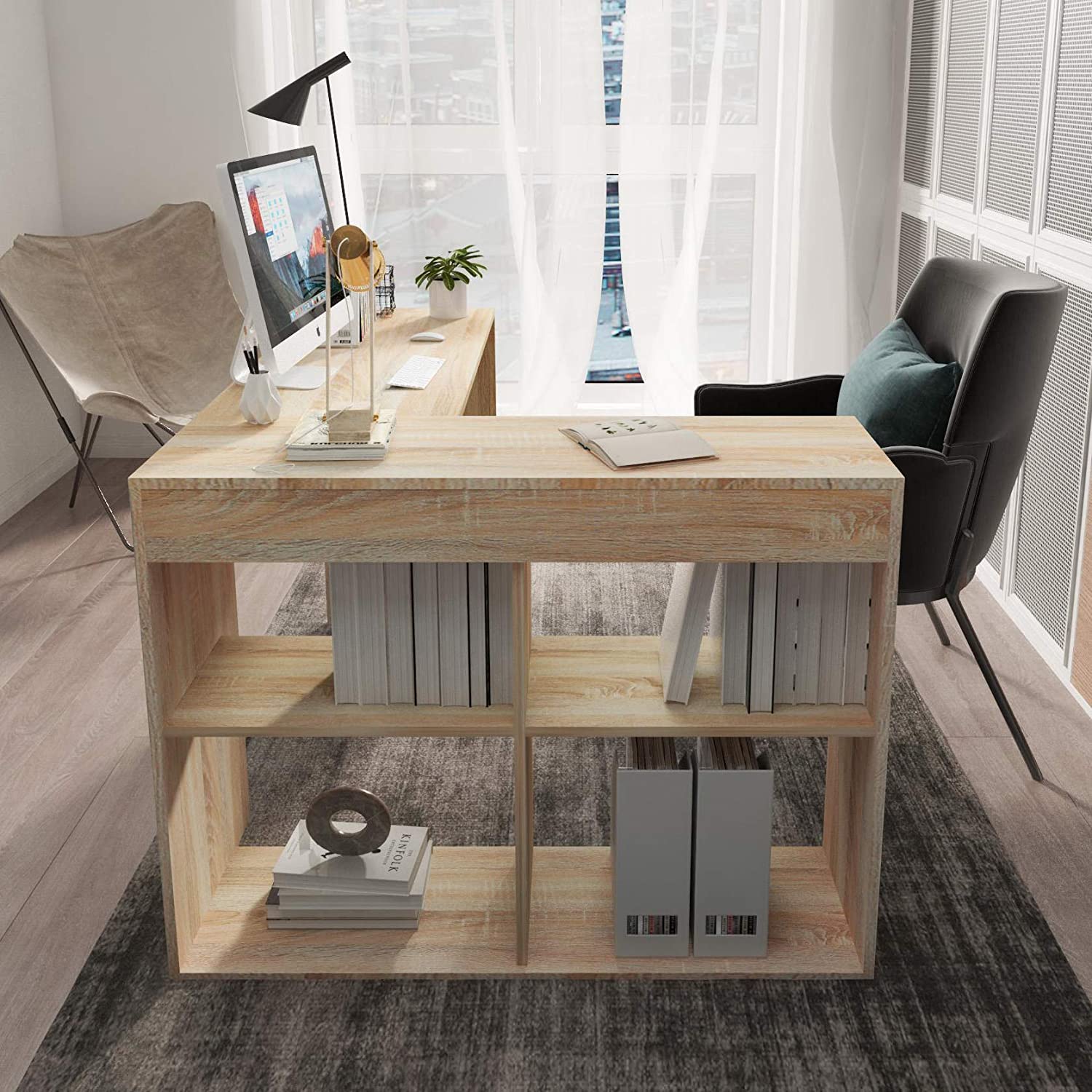 FurnitureR Escritorio de esquina en forma de L con almacenamiento para espacio de oficina en casa MCCOY A 