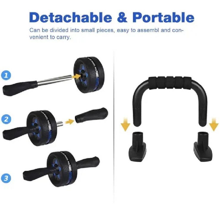 Kit Rodillo Rueda Abdominal Barras Push-up Cuerda Negro 