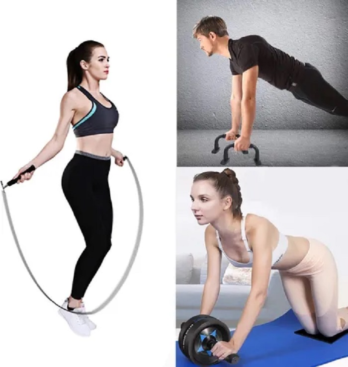 Kit Rodillo Rueda Abdominal Barras Push-up Cuerda Negro 