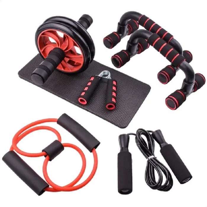 Kit Rodillo Abdominal Barras Push-up Cuerda Ejercitador Mano Negro con Rojo
