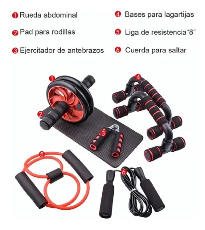 Kit Rodillo Abdominal Barras Push-up Cuerda Ejercitador Mano Negro con Rojo