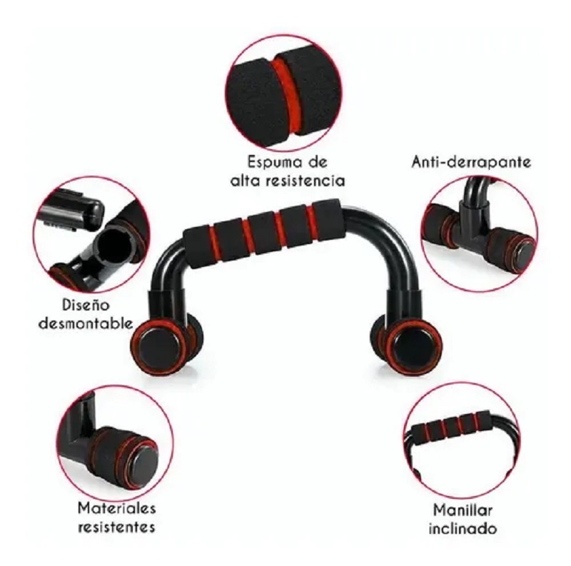 Kit Rodillo Abdominal Barras Push-up Cuerda Ejercitador Mano Negro con Rojo