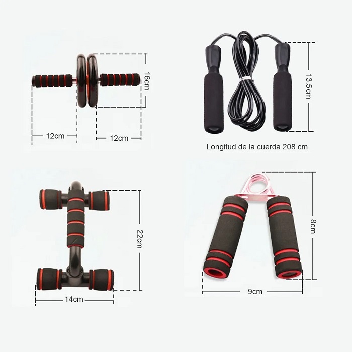 Kit Rodillo Abdominal Barras Push-up Cuerda Ejercitador Mano Negro con Rojo