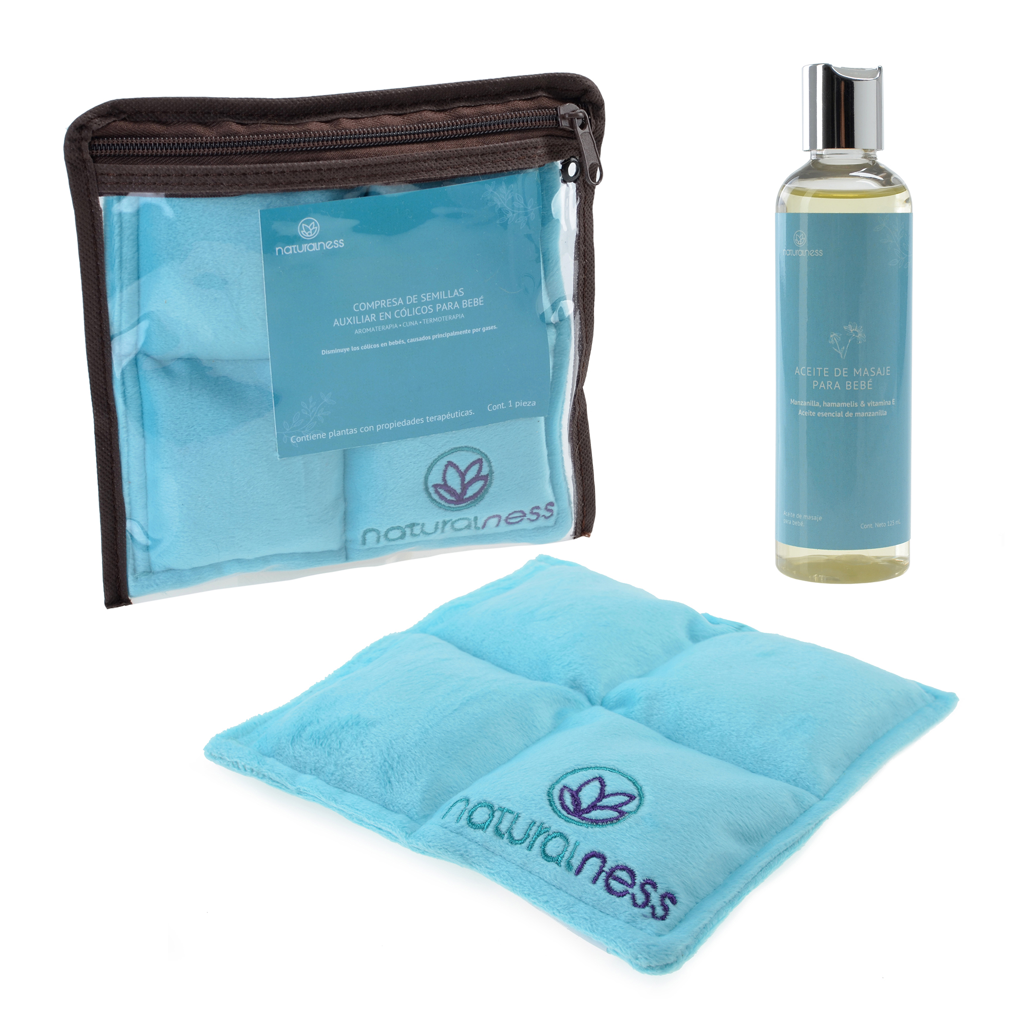 Naturalness - Compresa caliente  Bebé  Elaborada con Semillas y Plantas medicinales, como manzanilla y lavanda entre otras- Ayuda a reducir cólicos de bebé y a dormir mas calientito. - Línea Bebé  color azul (Compresa + Aceite 125 ml, Azul)