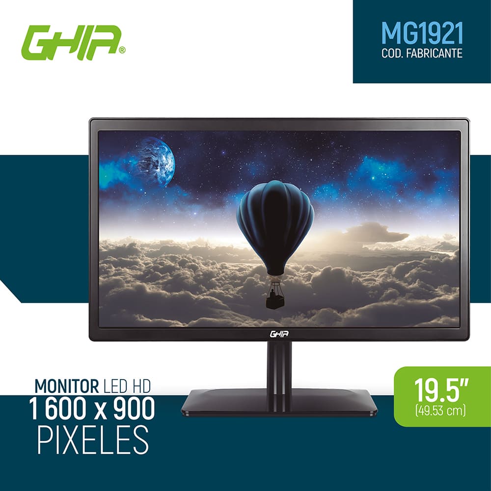 Monitor LED de 19.5'', Ghia MG1921, HD 1600 x 900, VGA/HDMI, 60 Hz, Negro