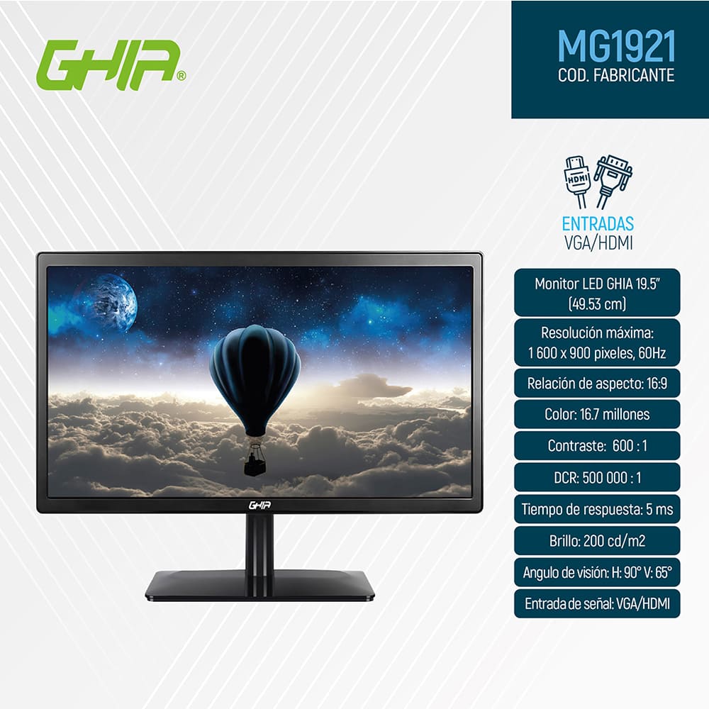 Monitor LED de 19.5'', Ghia MG1921, HD 1600 x 900, VGA/HDMI, 60 Hz, Negro