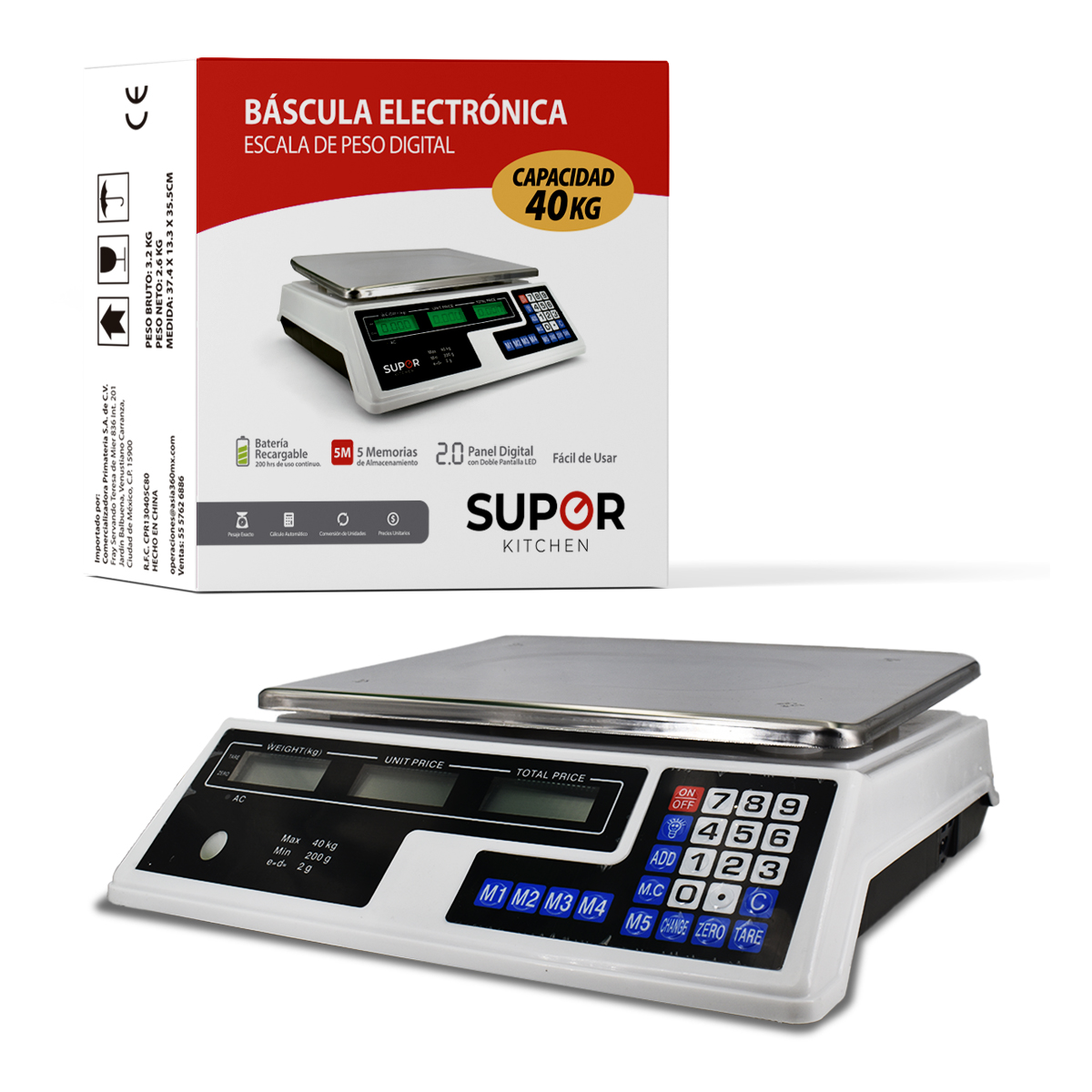 Bascula Comercial Digital Recargable 40kg Supor Negocio Cocina