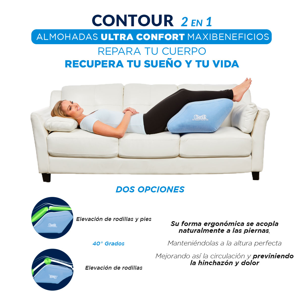 Almohadas para Piernas, Espalda y Rodillas Wow Sleep Contour 2 en 1 + Legacy Pillow Maxibeneficios pack 3