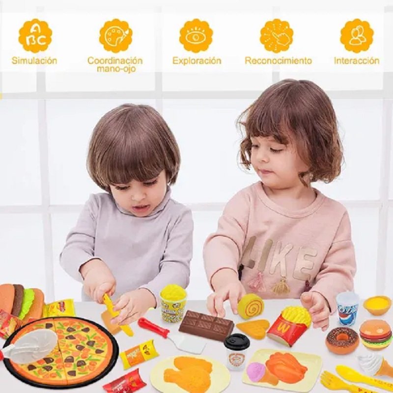  Juego de 70 piezas de comida de juego de simulación para niños,  juguetes de cocina, juego de accesorios de juguetes de cocina sin BPA,  juguete de pizza de plástico para alimentos