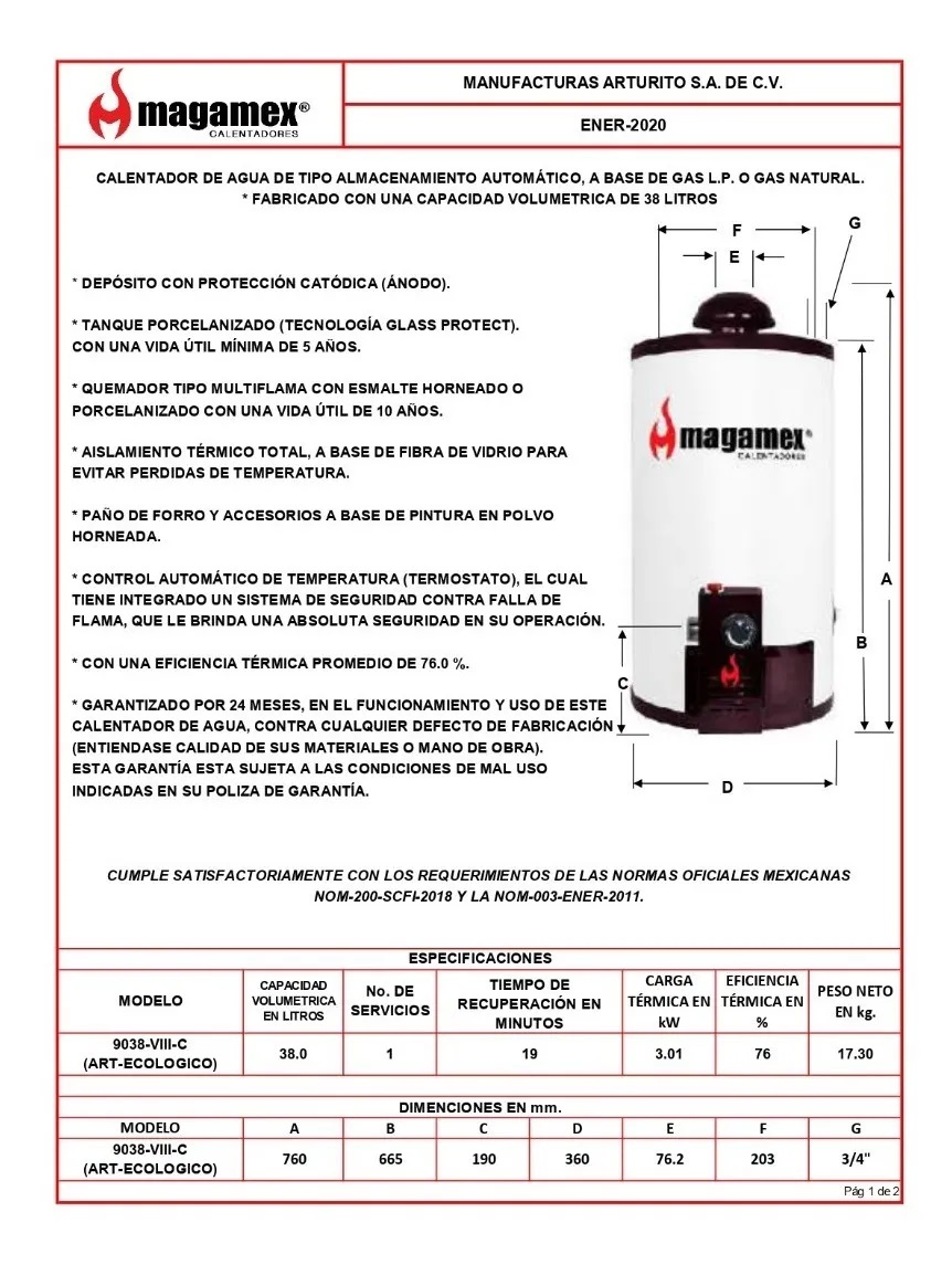 Calentador Ecológico Magamex de 38 Litros Arturito Ecológico a base Gas LP. Boiler