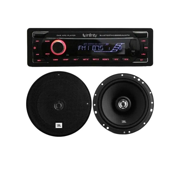 AUTO ESTÉREO INFINITY ALPHA BLUETOOTH USB AUX + BOCINAS JBL STAGE1621