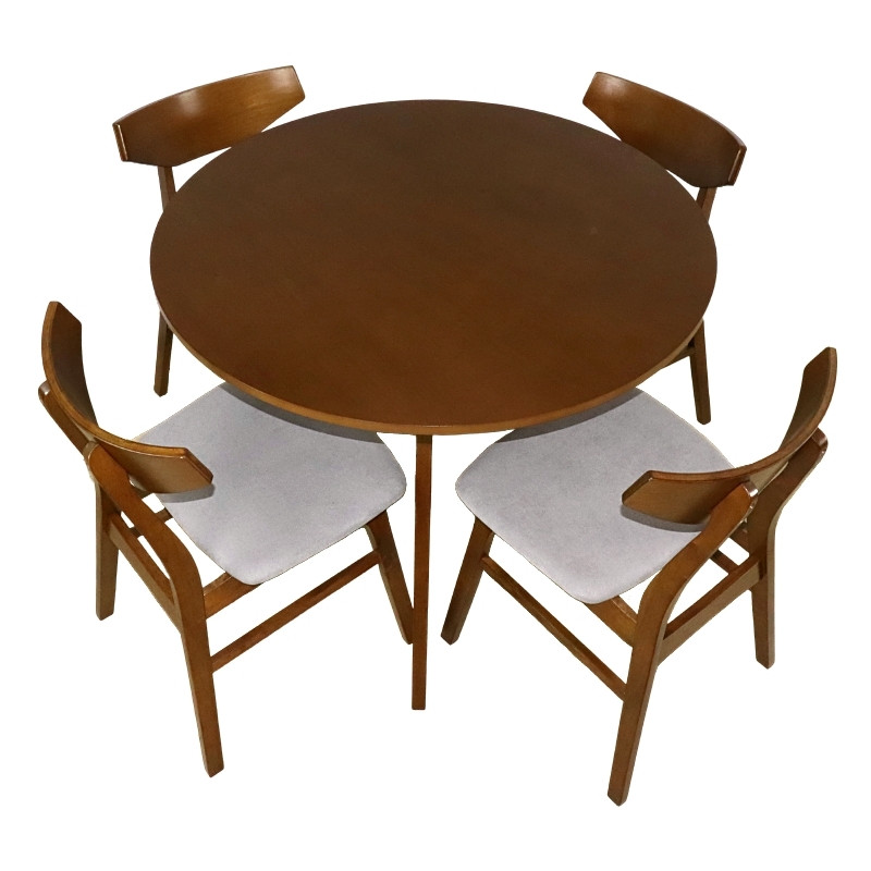 Comedor de Madera Mesa Redonda 4 Sillas Armable Barnizado en color Nogal Tapizado Gris 100 cm