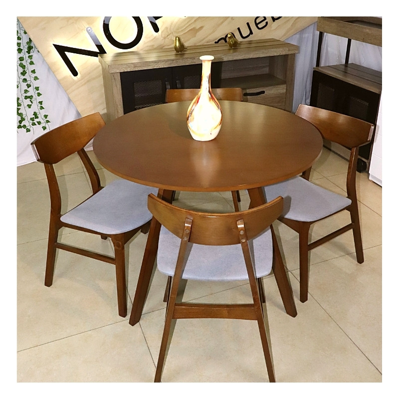 Comedor de Madera Mesa Redonda 4 Sillas Armable Barnizado en color Nogal Tapizado Gris 100 cm