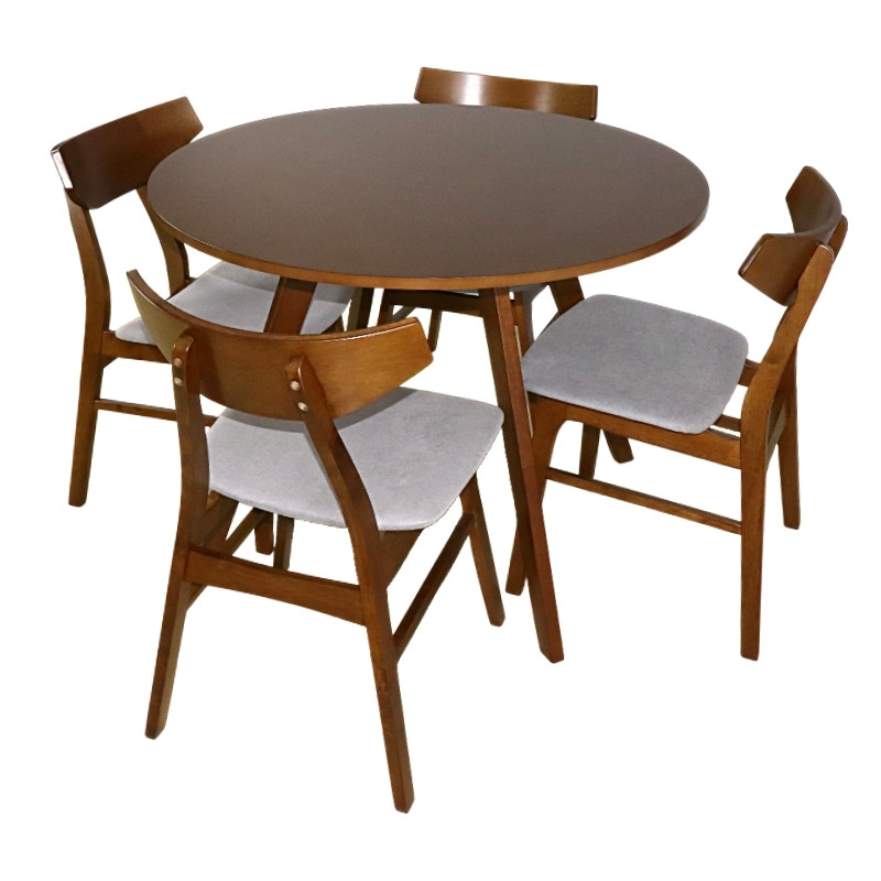 Comedor de Madera Mesa Redonda 4 Sillas Armable Barnizado en color Nogal Tapizado Gris 100 cm