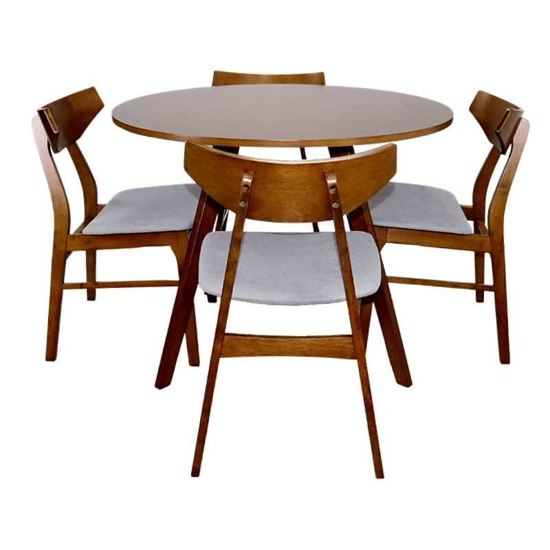 Comedor de Madera Mesa Redonda 4 Sillas Armable Barnizado en color Nogal Tapizado Gris 100 cm