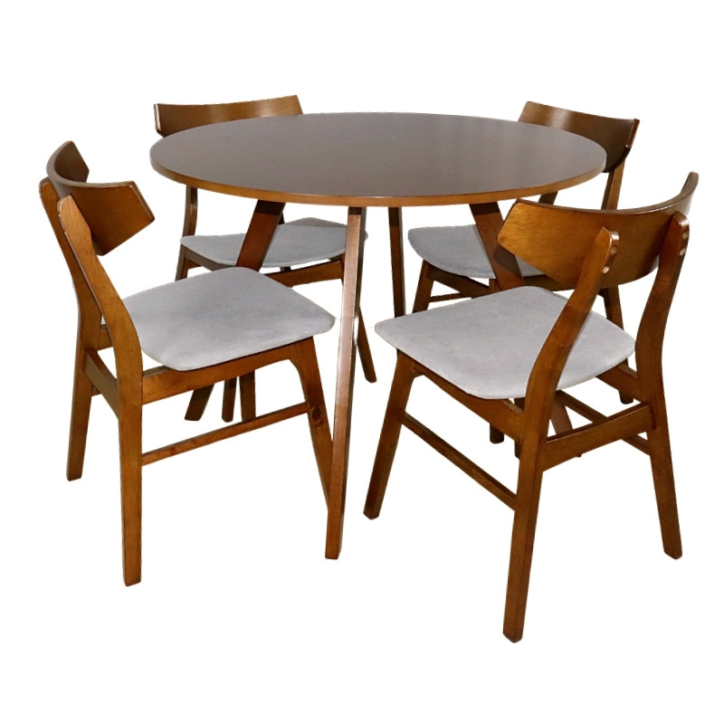Comedor de Madera Mesa Redonda 4 Sillas Armable Barnizado en color Nogal Tapizado Gris 100 cm