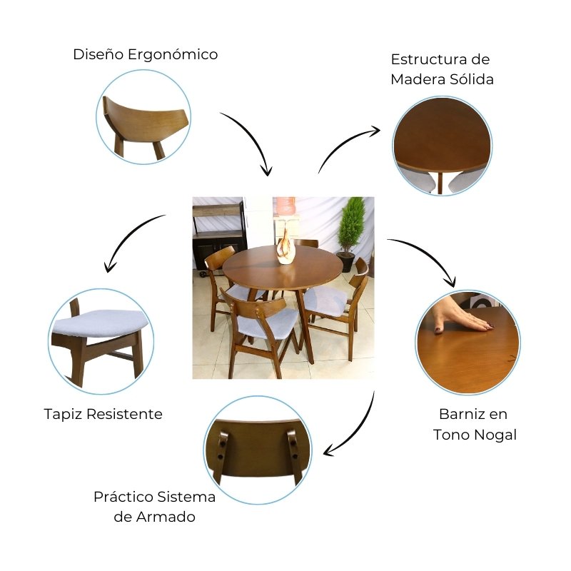 Comedor de Madera Mesa Redonda 4 Sillas Armable Barnizado en color Nogal Tapizado Gris 100 cm