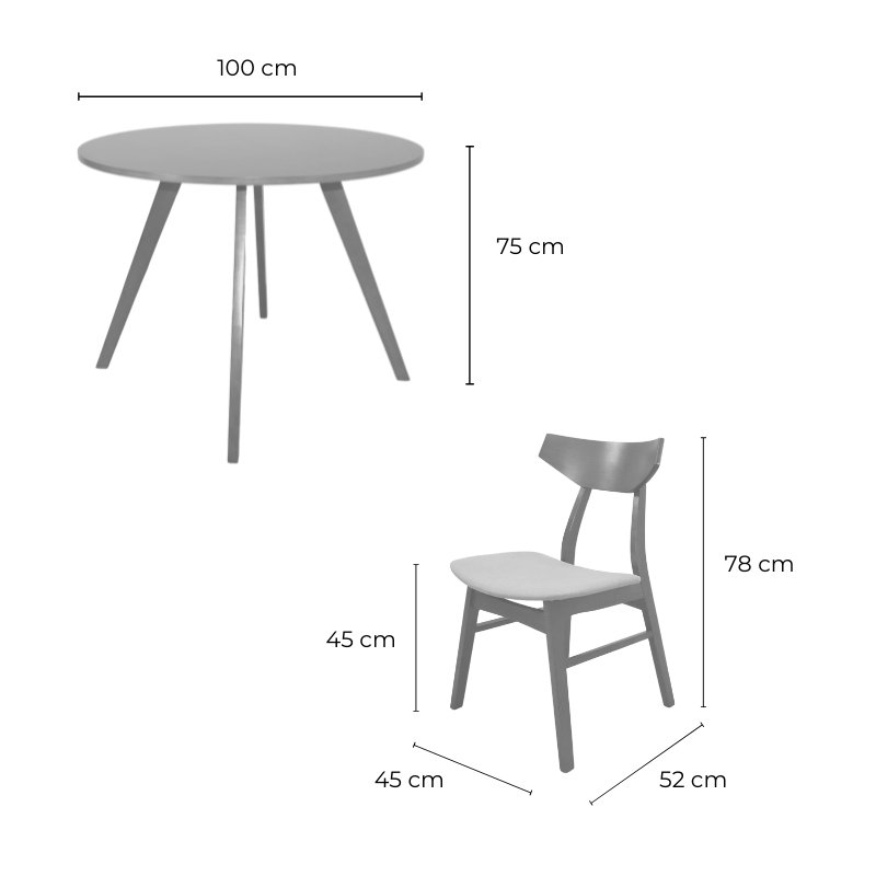 Comedor de Madera Mesa Redonda 4 Sillas Armable Barnizado en color Nogal Tapizado Gris 100 cm