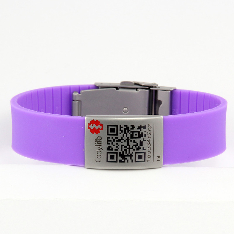 Pulsera médica de Identificación Personal con código QR Codylife Flex lila