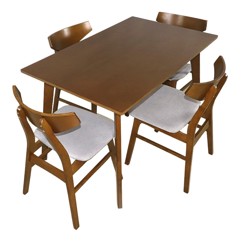 Comedor de Madera Mesa Rectangular y 4 Sillas Barnizado en color Nogal y Tapizado Gris 120 x 75 cm.