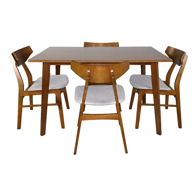 Comedor de Madera Mesa Rectangular y 4 Sillas Barnizado en color Nogal y Tapizado Gris 120 x 75 cm.