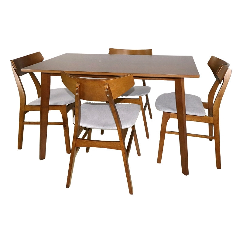 Comedor de Madera Mesa Rectangular y 4 Sillas Barnizado en color Nogal y Tapizado Gris 120 x 75 cm.