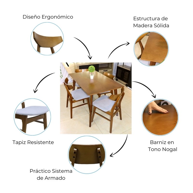 Comedor de Madera Mesa Rectangular y 4 Sillas Barnizado en color Nogal y Tapizado Gris 120 x 75 cm.