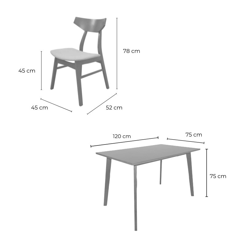 Comedor de Madera Mesa Rectangular y 4 Sillas Barnizado en color Nogal y Tapizado Gris 120 x 75 cm.