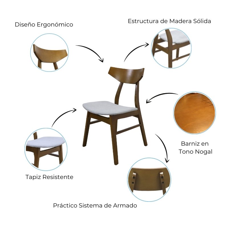 Set de 4 Sillas de Madera Sólida Armable Moderna Tapiz Velvet Gris Barnizada en color Nogal Dana.