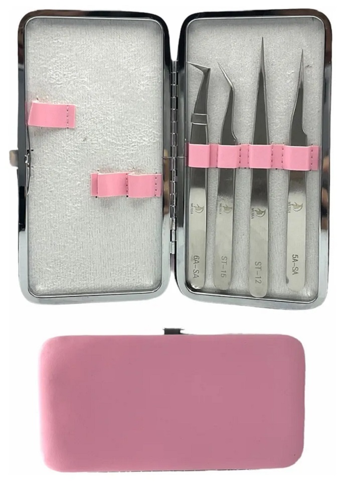 Set De 4 Pinzas Para Extensión De Pestañas 1x1 Rosa