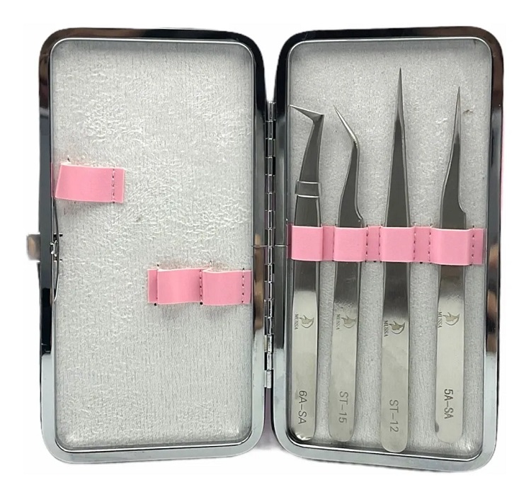 Set De 4 Pinzas Para Extensión De Pestañas 1x1 Rosa